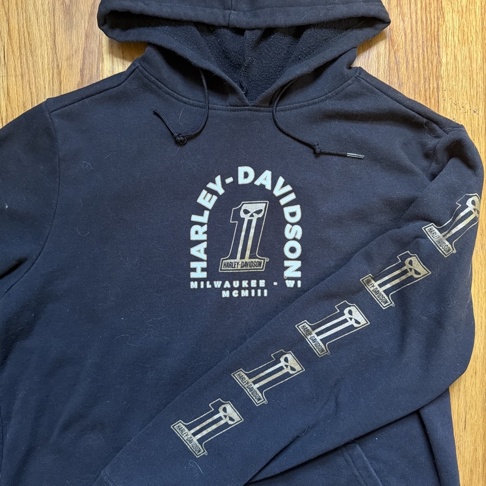 Harley Davidson Hoodie Men's L Black Retro One Skull Logo Biker Sleeve 1 Graphic
